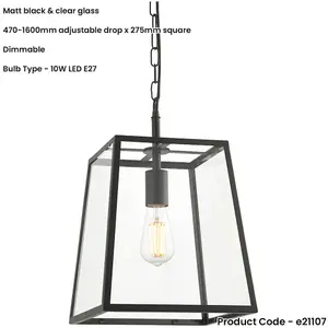 Hanging Ceiling Pendant Light - Matt Black & Clear Glass - 10W LED E27