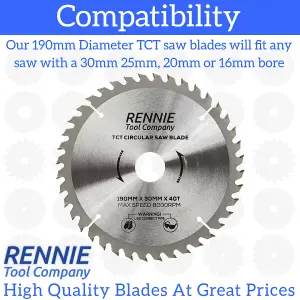 190mm x 40T TCT Circular Wood Saw Blade. Fits Bosch Makita Ryobi Dewalt Circular Saws Etc