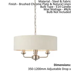 Ceiling Pendant Light - Brushed Chrome Plate & Natural Linen - 3 x 40W E14