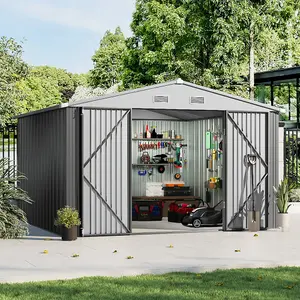 10x10ft Grey Outdoor Metal Garden Storage Shed Tool Storage Shed with Sloped Roof Design