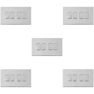 5 PACK 4 Gang QUAD Light Switch SCREWLESS POLISHED CHROME 2 Way 10A Rocker