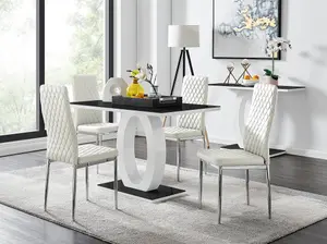 Giovani Rectangular 4 Seat White High Gloss Unique Halo Dining Table Black Glass Top 4 White Faux Leather Silver Leg Milan Chairs