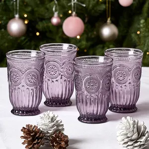 Set of 12 Luxury Embossed Purple Tall Drinking Glass Tumblers 330ml