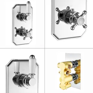 ENKI Regent Chrome White Crosshead 2-Outlet Solid Brass Thermostatic Twin Shower Valve TSV028