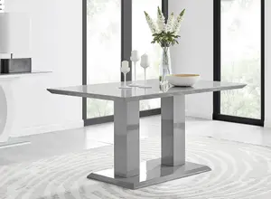 Imperia Grey High Gloss 6 Seater Dining Table with Structural 2 Plinth Column Legs Light Grey Fabric Silver Leg Falun Chairs