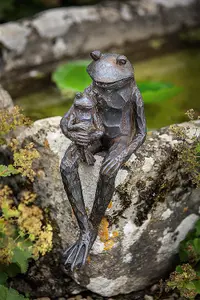 Sitting Frog Ornament - Weatherproof Metal Finish Garden Sculpture for Pond, Patio, Plant Pots, Ledges - 40 x 14 x 18cm