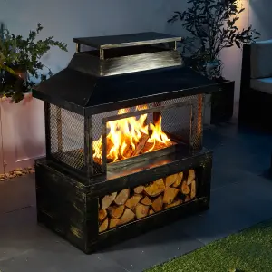 Neo Black Outdoor Fire Pit Log Burner With Mesh Surround and Storage