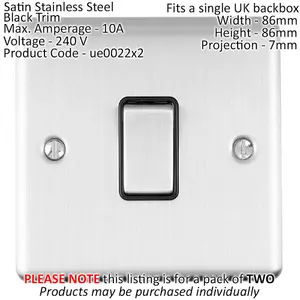 2 PACK 1 Gang Single INTERMEDIATE Light Switch SATIN STEEL & Black 10A Rocker