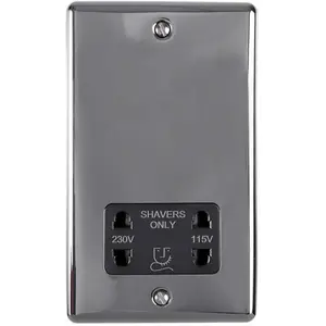 230v & 115v Shaver Twin Socket Wall Plate BLACK NICKEL & Black Trim 86mm x 146mm