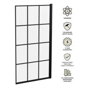 Black Grid Reversible Hinged Shower Bath Screen with 6mm Toughened Safety Glass