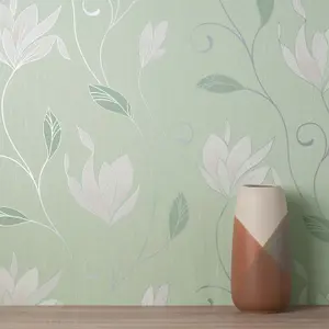 Crown Synergy Floral Green Wallpaper Glitter Silver Modern Feature Wall Vinyl