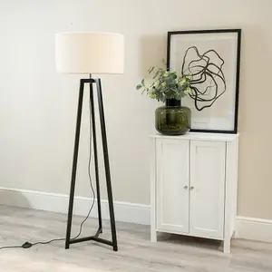 ValueLights Lottie Black Wood Tripod Floor Lamp with Cream Boucle Drum Shade - LED Bulb Included