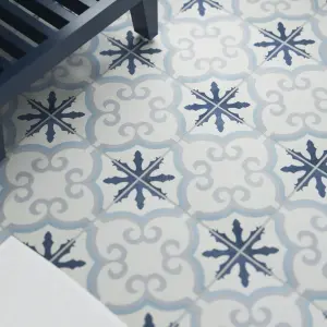 Colours Hydrolic Blue Matt Flower Concrete effect Porcelain Indoor Wall & floor Tile, Pack of 25, (L)200mm (W)200mm