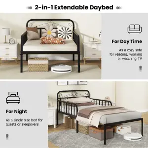 COSTWAY Extendable Daybed to Single Size Bed Metal Sofa Bed with Trundle