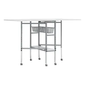 Adjustable Fabric Cutting Table with Grid & Storage Silver/White 149x91x77-100cm