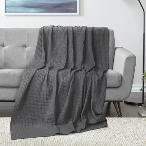 EHC Luxuriously Soft Chunky Waffle Cotton Throws Large Sofa Bed, Sofa, Couch Blanket Bedspread, Double, 150 x 200 cm - Grey