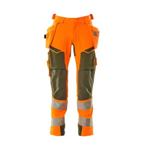 Mascot Accelerate Safe Trousers with Holster Pockets - Hi-Vis Orange/Moss Green   (40.5) (Leg Length - Short)