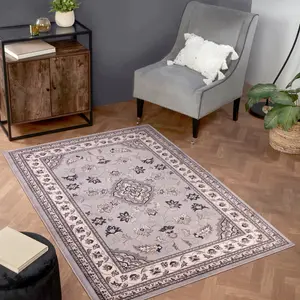 Grey Traditional Bordered Floral Rug Easy to clean Dining Room-160cm X 230cm