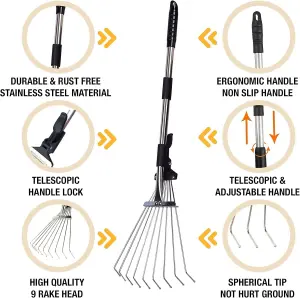 Telescopic Metal Rack Expendable Rake For Gardening Lawn Cleaning With Ergonomic Non Slip Adjustable Handle 15 Teeth