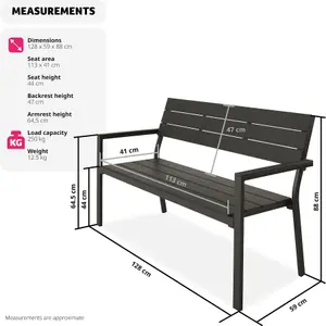 Garden Bench - 2-seater, weatherproof aluminium frame, 128 x 59 x 88 cm - dark grey