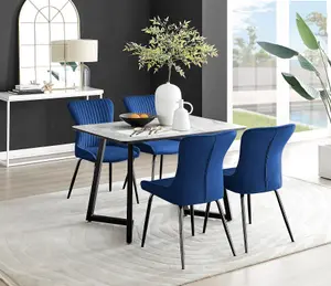 Furniturebox UK Carson White Marble Effect Dining Table & 4 Blue Nora Black Leg Chairs