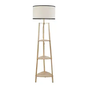 ValueLights Hiru 3 Tier Shelved Wooden Floor Lamp with Linen Black Trim Drum Shade