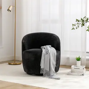 Chenille Fabric Swivel Accent Armchair Barrel Chair With Black Powder Coating Metal Ring, Black