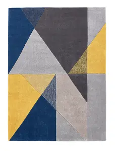 Blue Ochre Geometric Rug, Easy to Clean Rug, Handmade Modern Luxurious Rug for Living Room, & Dining Room-120cm X 170cm