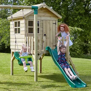 Rebo Orchard 4ft x 4ft Wooden Playhouse with Boat Swing, 900mm Deck and 6ft Slide - Boat Green