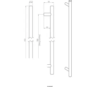 4x Round T Bar Cabinet Pull Handle 412 x 12mm 352mm Fixing Centres Chrome