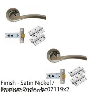 2 PACK - Door Handle & Latch Pack Set- Chrome Curved Square Lever Screwless Round Rose Kit