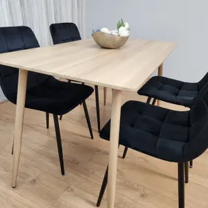 Rectangle Oak Effect Kitchen Dining Table With 4 Black Velvet Tufted Chairs Dining Set