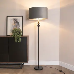 ValueLights Marissa Black Stacked Ball Floor Lamp with Grey Velvet with Chrome Inner Lamp Shade and LED Bulb