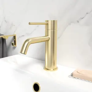 Nes Home Modern Deck Mounted Brushed Brass Round Single Lever Basin Mono Mixer Tap