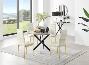 Furniturebox UK Novara Grey Concrete Effect Black Leg Round Dining Table & 4 Cream Velvet Milan Gold Leg Chairs