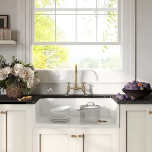 Fireclay Kitchen Bundle - Single Bowl Belfast Sink, Strainer Waste & Bridge Crosshead Mixer Tap, 895mm - Brushed Brass - Balterley