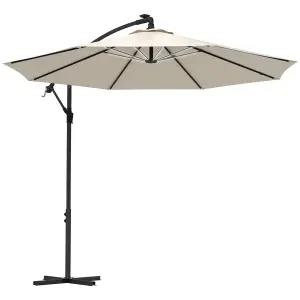 Outsunny 3(m) LED Patio Banana Umbrella Cantilever Parasol w/ Crank, Beige