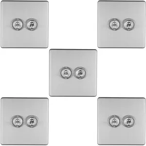 5 PACK 2 Gang Double Retro Toggle Light Switch SCREWLESS SATIN STEEL 10A 2 Way