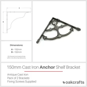 Oakcrafts - Pair of Antique Cast Iron Anchor Shelf Brackets - 150mm x 150mm