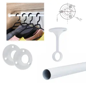 Round Wardrobe Rail Hanging Tube Pipe 1700mm White Set with End Brackets