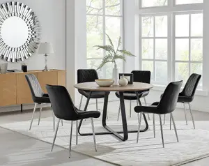 Furniturebox UK Santorini Brown Round Round Dining Table And 6 Black Pesaro Silver Leg Chairs