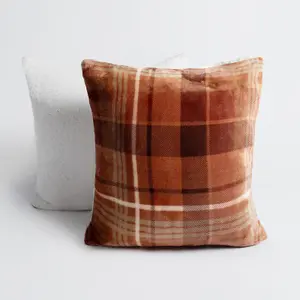 Tartan Check Cushion Covers 2 Pack Case Flannel Fleece Set, 45 x 45cm - Rust