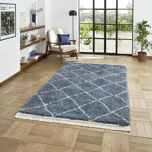 Blue Teal Geometric Shaggy Rug, Stain-Resistant 45mm Thick Modern Rug for Bedroom, Living, & Dining Room-160cm X 230cm