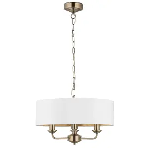 Haywood Antique Brass with Vintage White Faux Silk Shade Classic Modern 3 Light Ceiling Pendant