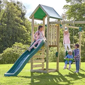 Rebo Adventure Wooden Climbing Frame with Monkey Bar, Swings & Slide - Arvon