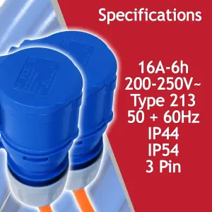 SPARES2GO 16A Extension Lead 14m Heavy Duty 240V 2.5mm Blue Power Cable + 2 x 16 Amp Splitter Kit