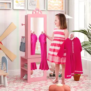 COSTWAY 117CM Standing Kids Jewelry Armoire Jewelry Storage Organizer with Dress-up Mirror