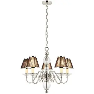 Flemish Ceiling Pendant Chandelier Polished Nickel & Brown Shades 9 Lamp Light