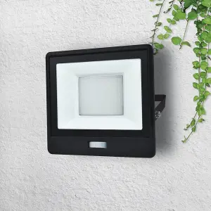 LED Black 50W 4300lm Outdoor IP65 Floodlight with PIR Motion Sensor - 6500k Daylight - Slim Profile - Waterproof Connection