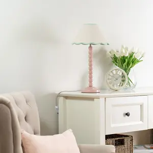 ValueLights Bobbles Rose Pink Bobbin Table Lamp with Green Trim Scallop Shade